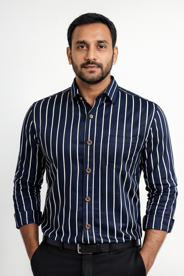 Navy Blue Vertical Striped Casual Shirt for Men