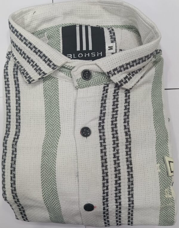 Men’s Premium White Textured Shirt with Green & Black Stripes