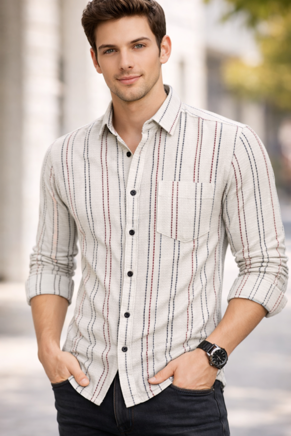 Men’s Premium White Multicolor Striped Textured Shirt