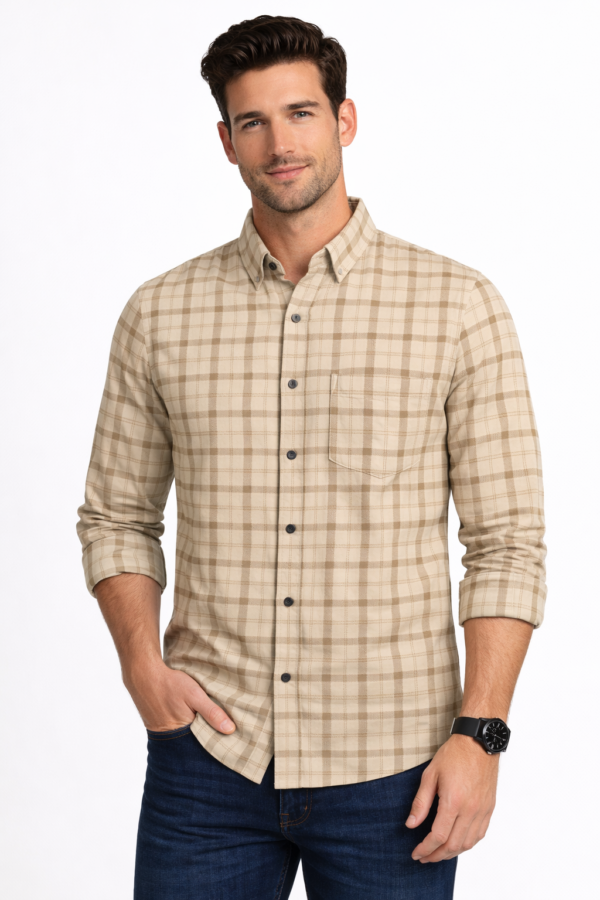 Men’s Classic Beige Checkered Casual Shirt