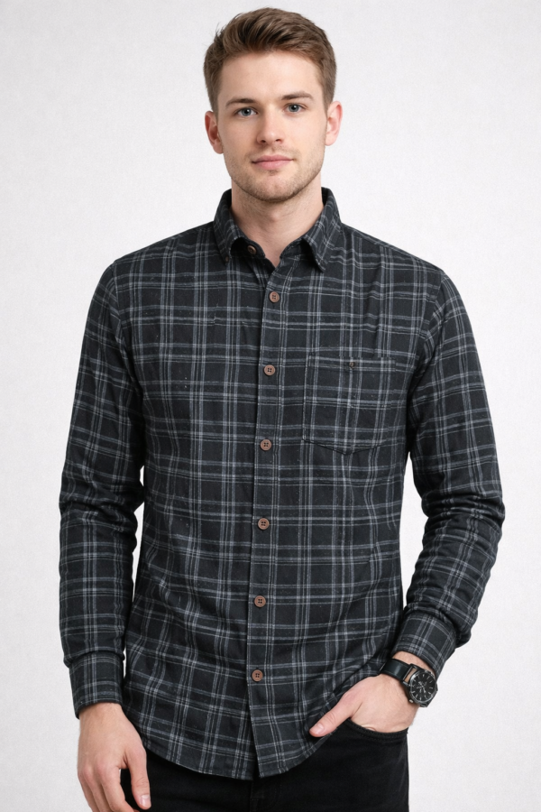 Men’s Premium Checkered Shirt – Black with Grey Grid Pattern