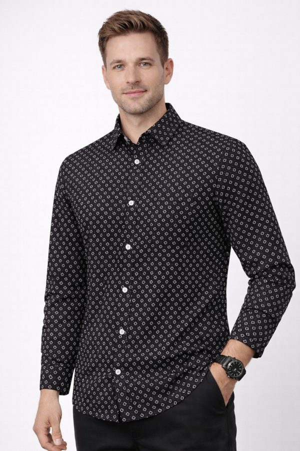 Men’s Premium Black Printed Shirt – Micro Diamond Pattern