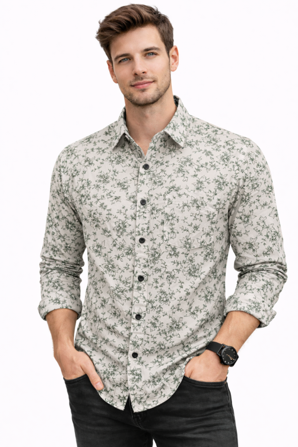 Men’s Premium Floral Printed Shirt – White with Green Botanical Design