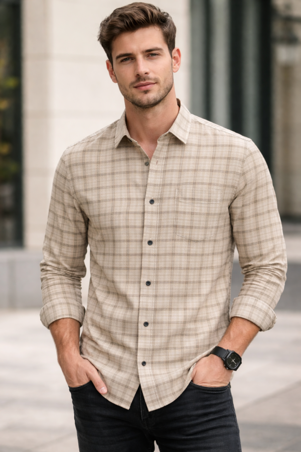 Men’s Premium Checkered Shirt – Beige with Stylish Grid Pattern