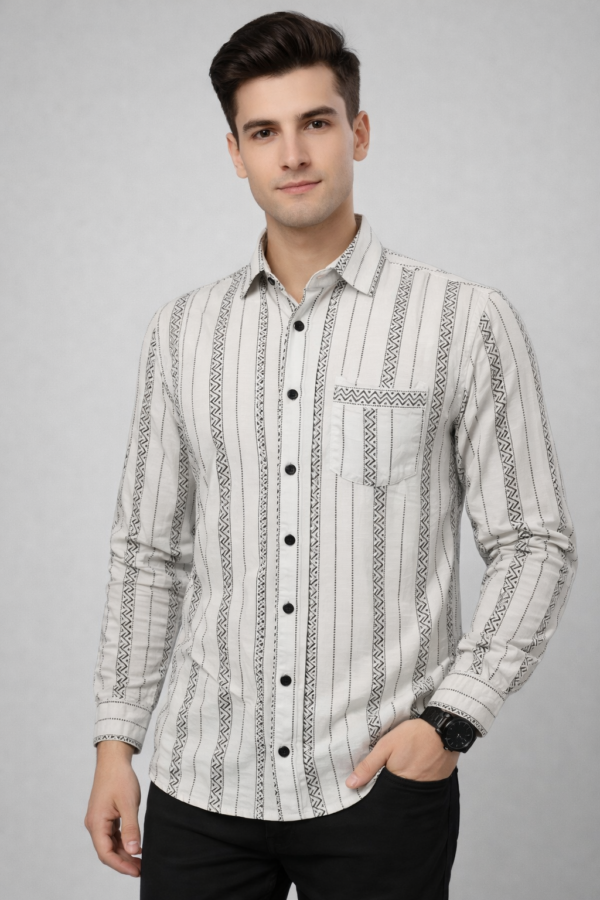 Men’s Premium Geometric Stripe Shirt – White & Black Pattern