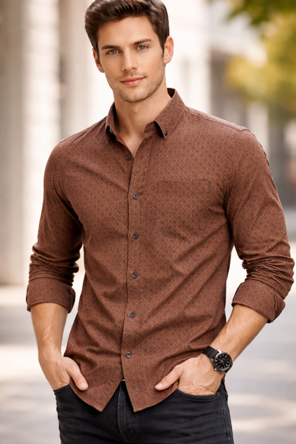 Men’s Premium Printed Shirt – Rust Brown Micro Pattern