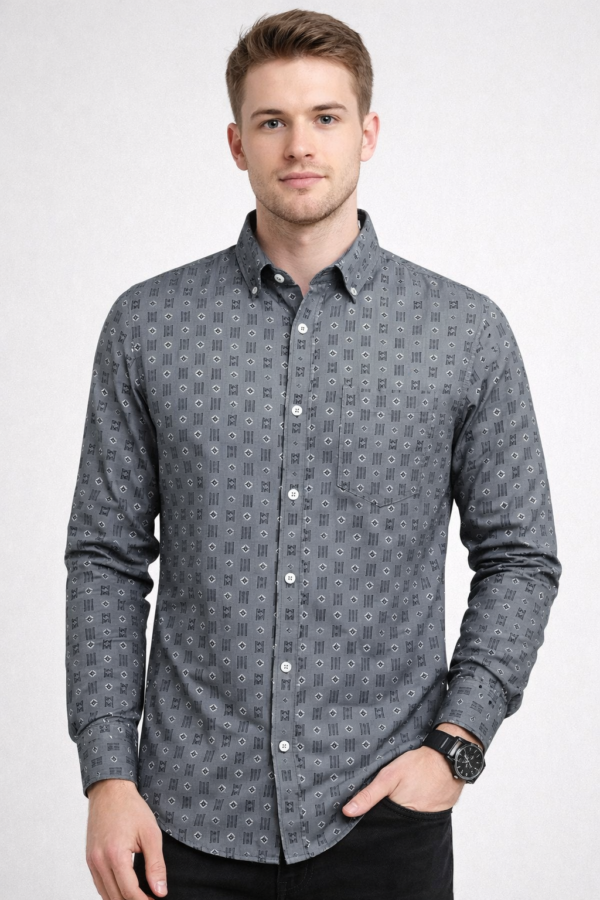 Premium Grey Geometric Printed Shirt – Modern Style, Everyday Comfort